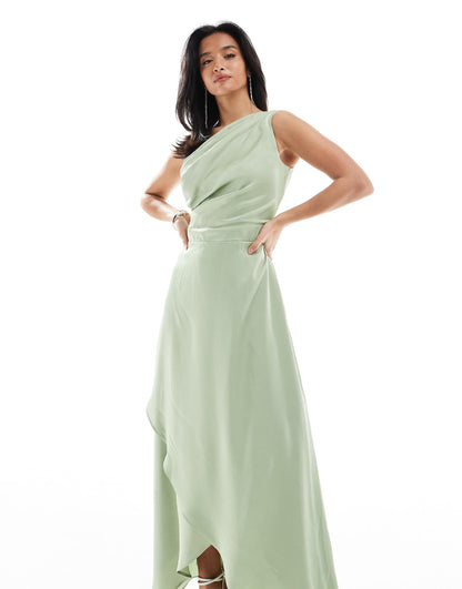 Petite Bridesmaid One Shoulder Satin Maxi Dress With Wrap Skirt