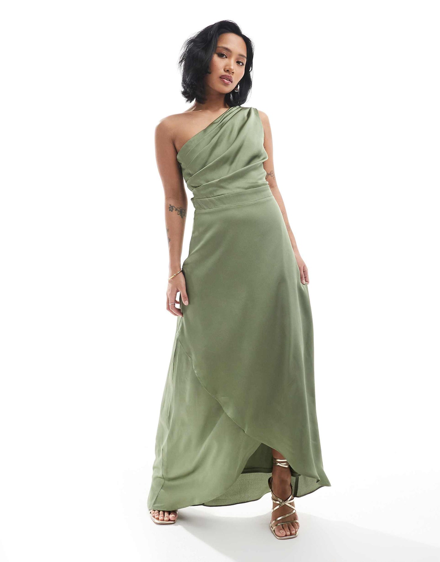 Petite Bridesmaid One Shoulder Satin Maxi Dress With Wrap Skirt