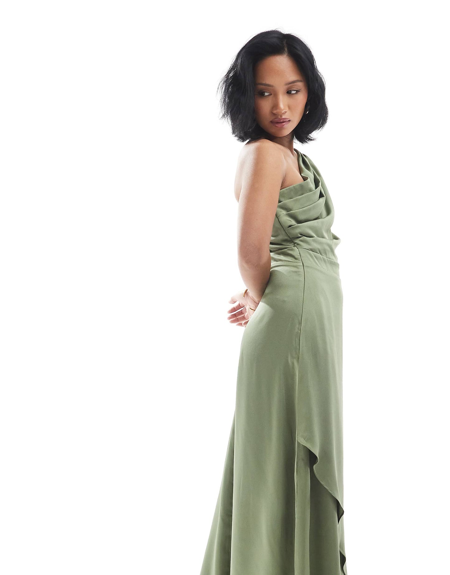 Petite Bridesmaid One Shoulder Satin Maxi Dress With Wrap Skirt