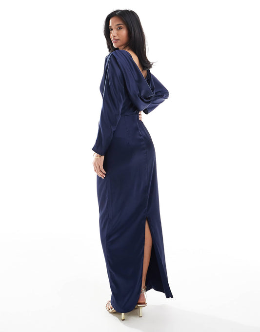 Petite Bridesmaid Long Sleeve Satin Cowl Back Maxi Dress