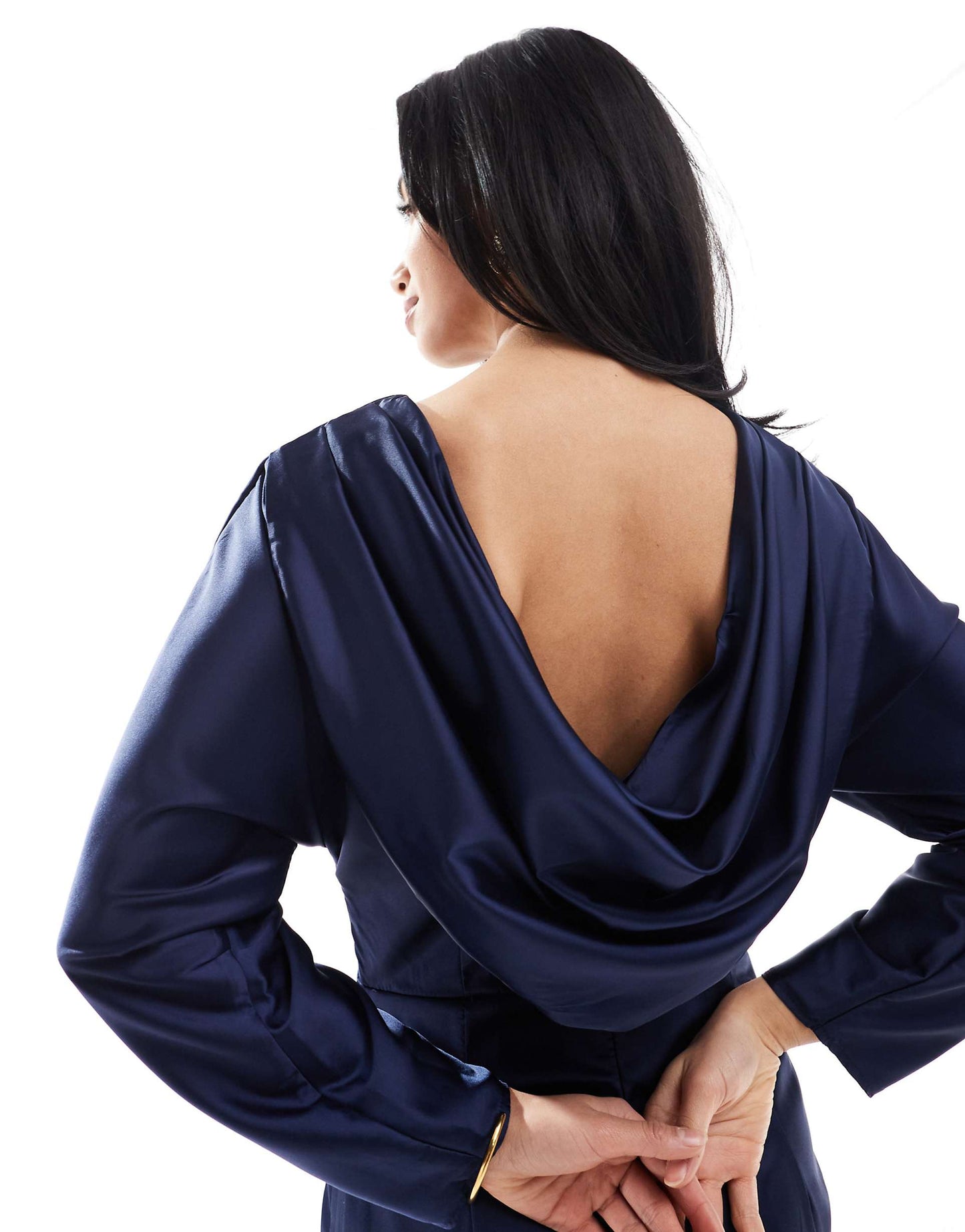 Petite Bridesmaid Long Sleeve Satin Cowl Back Maxi Dress