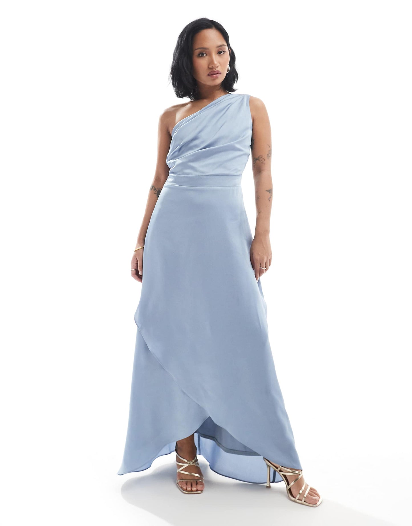 Petite Bridesmaid One Shoulder Satin Maxi Dress With Wrap Skirt