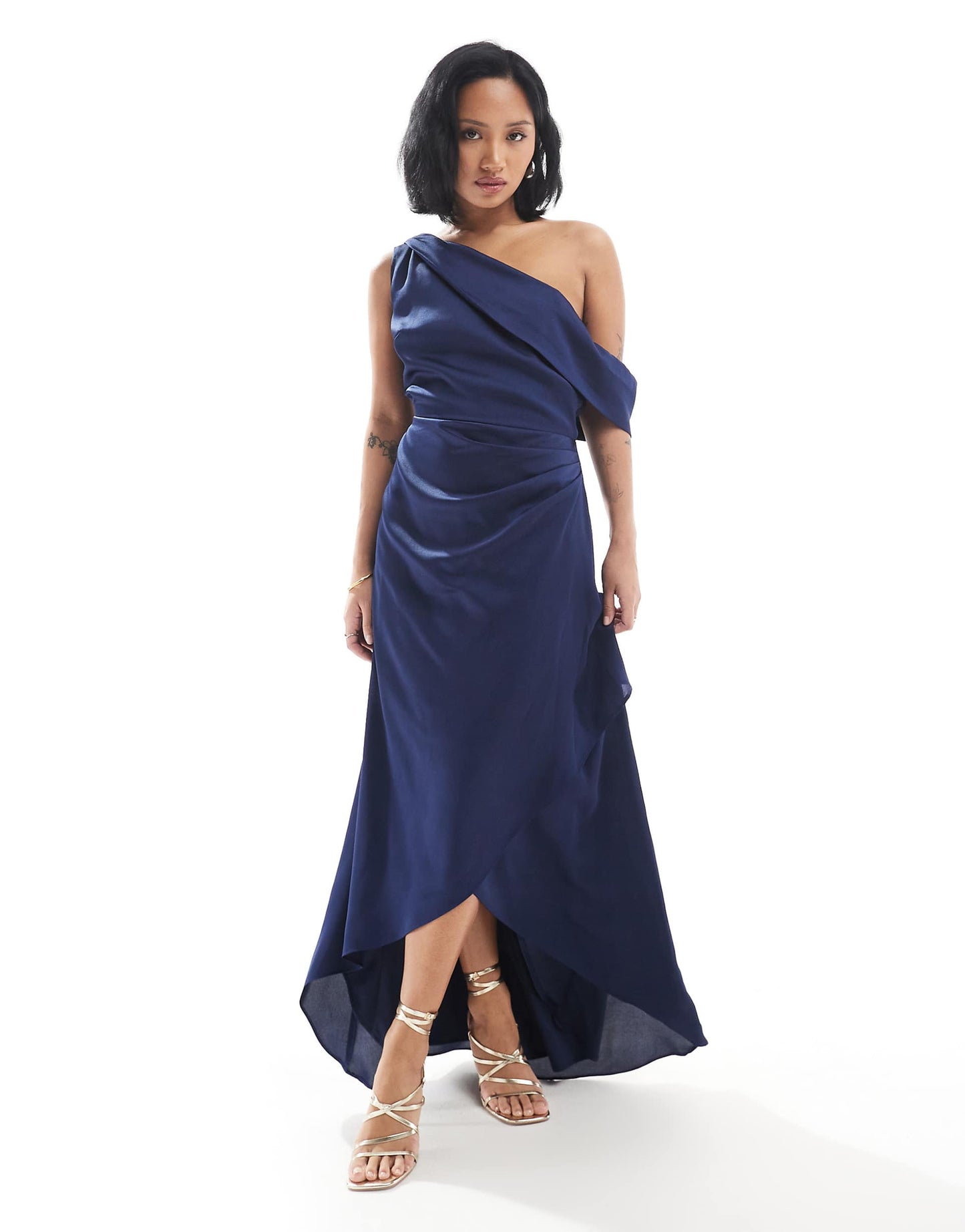 Petite Bridesmaid Satin Fallen Shoulder Maxi Dress With Wrap Skirt