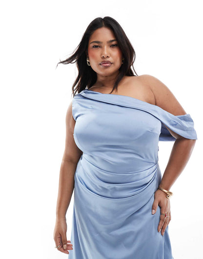 Plus Bridesmaid Satin Fallen Shoulder Maxi Dress With Wrap Skirt
