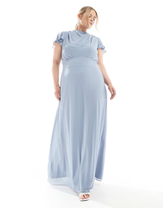 Plus Bridesmaid Flutter Sleeve Cowl Back Chiffon Maxi Dress