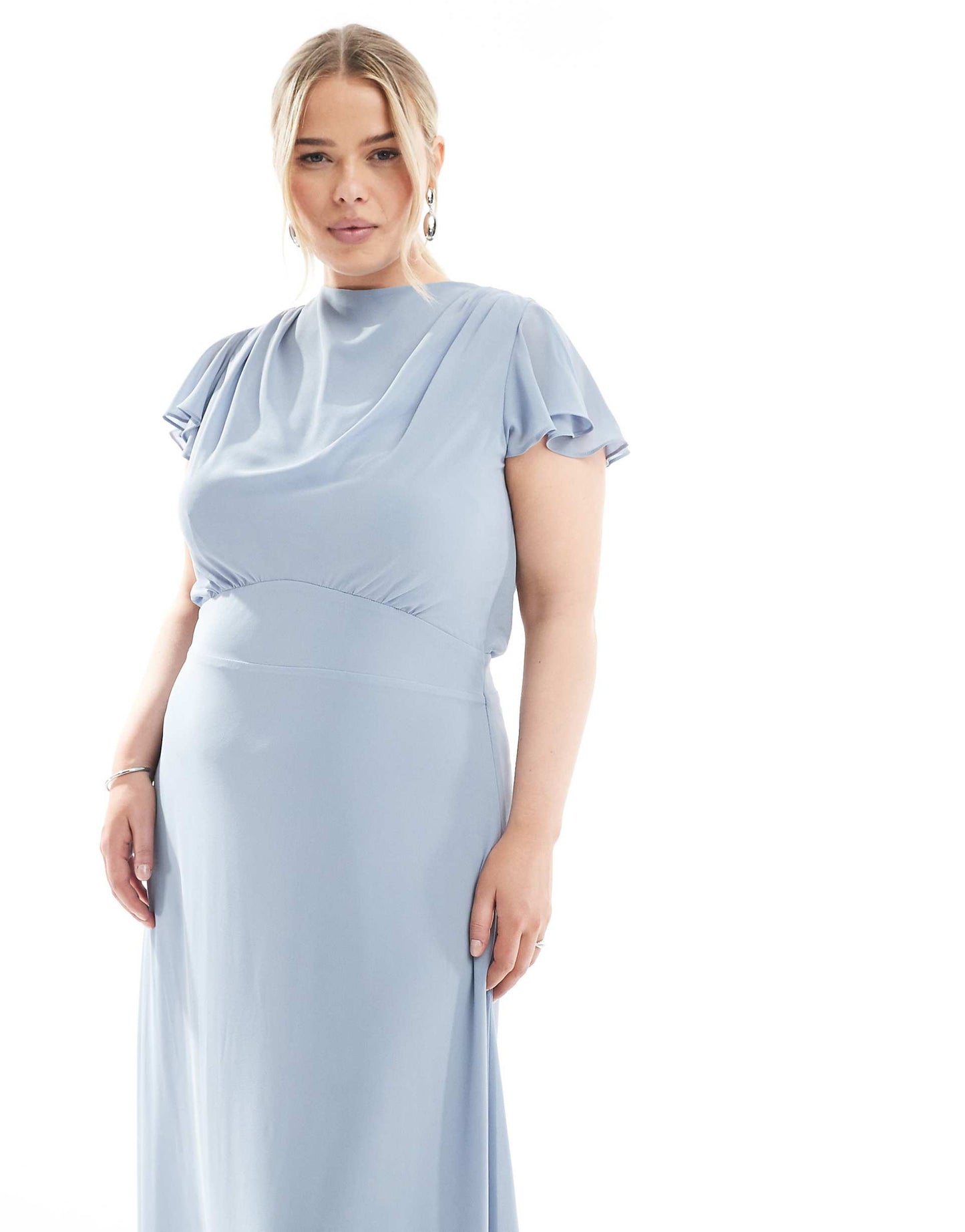 Plus Bridesmaid Flutter Sleeve Cowl Back Chiffon Maxi Dress