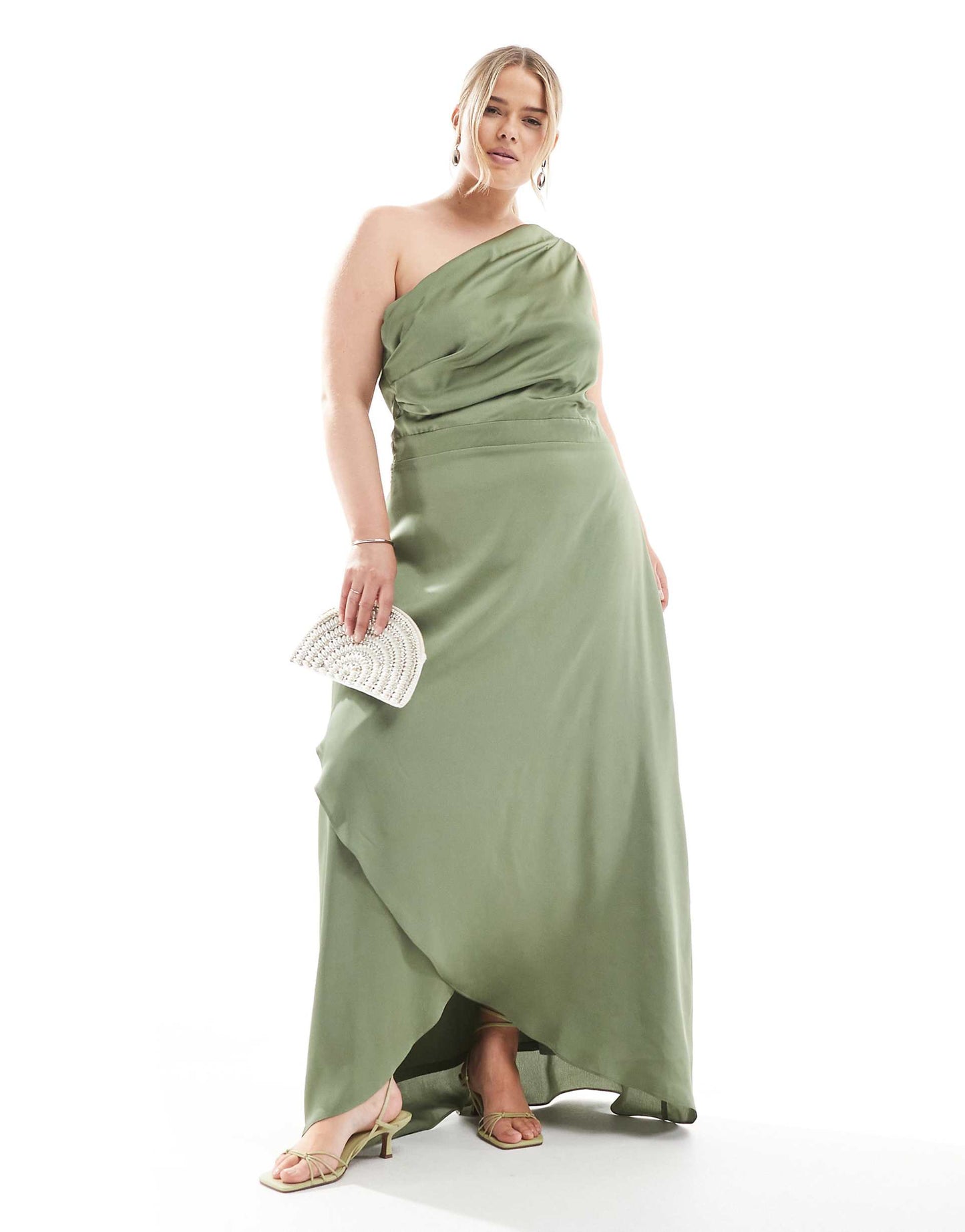 Plus Bridesmaid One Shoulder Satin Maxi Dress With Wrap Skirt
