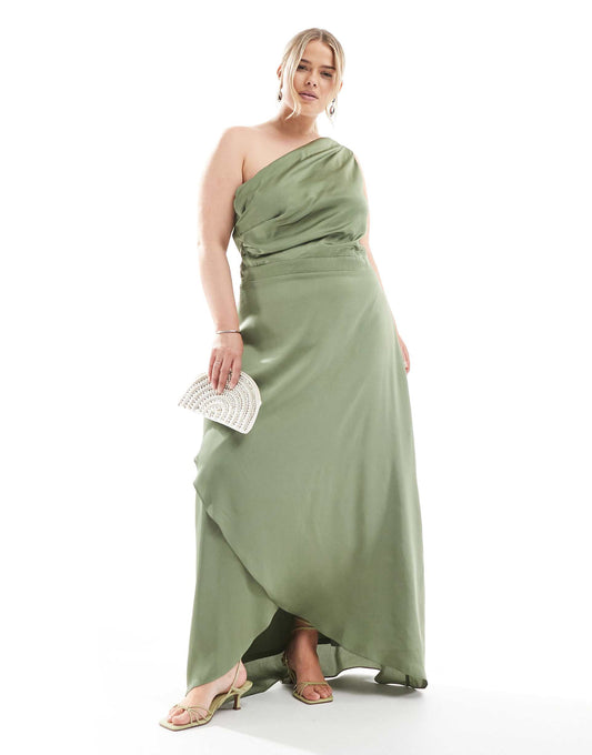 Plus Bridesmaid One Shoulder Satin Maxi Dress With Wrap Skirt