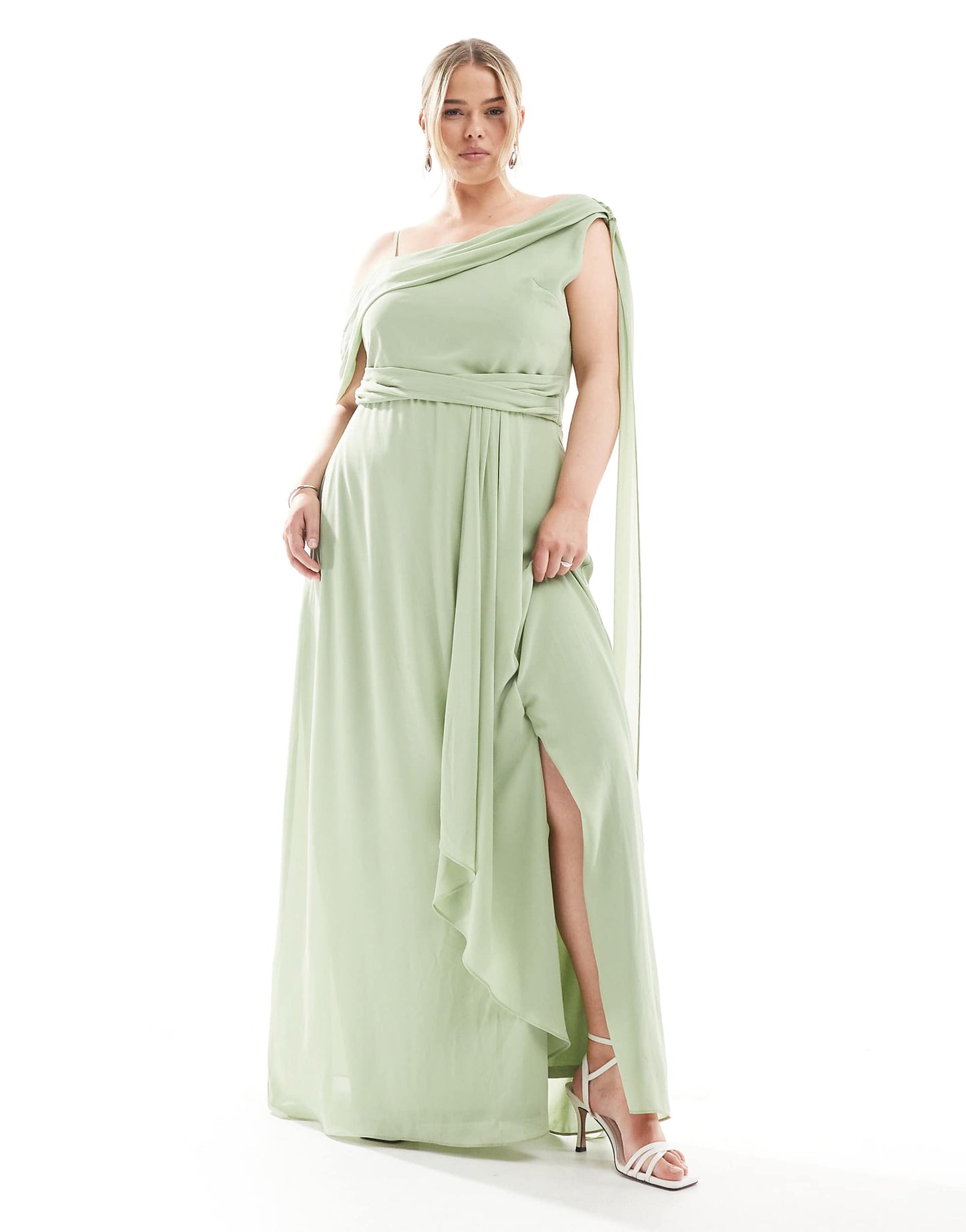 Plus Bridesmaid One Shoulder Drape Maxi Dress With Wrap Skirt