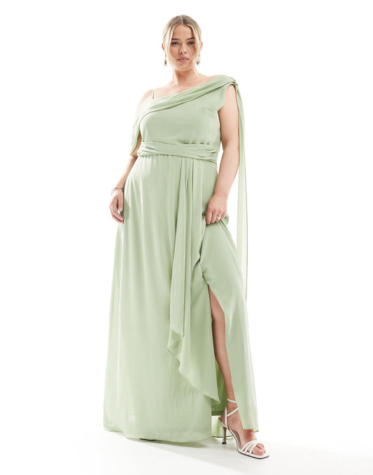 Plus Bridesmaid One Shoulder Drape Maxi Dress With Wrap Skirt