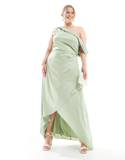 Plus Bridesmaid Satin Fallen Shoulder Maxi Dress With Wrap Skirt