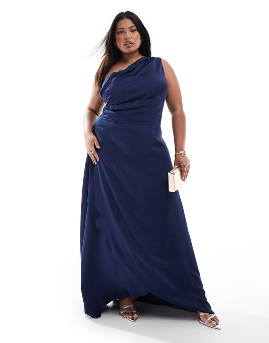 Plus Bridesmaid One Shoulder Satin Maxi Dress With Wrap Skirt