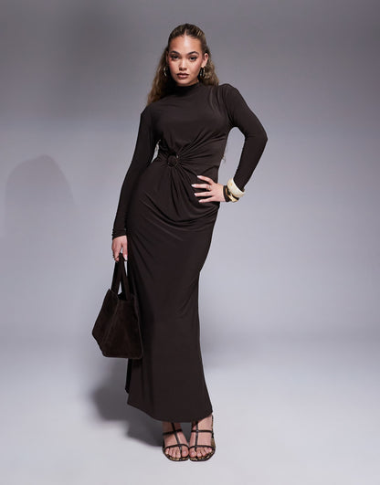 Modest Long Sleeve High Neck Drape Maxi Dress With Gold Hardware Trim