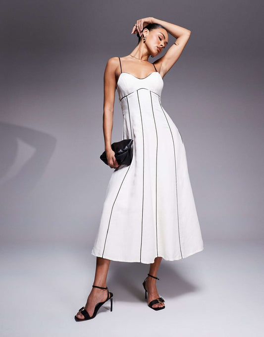 Contrast Piping Linen Midi Dress
