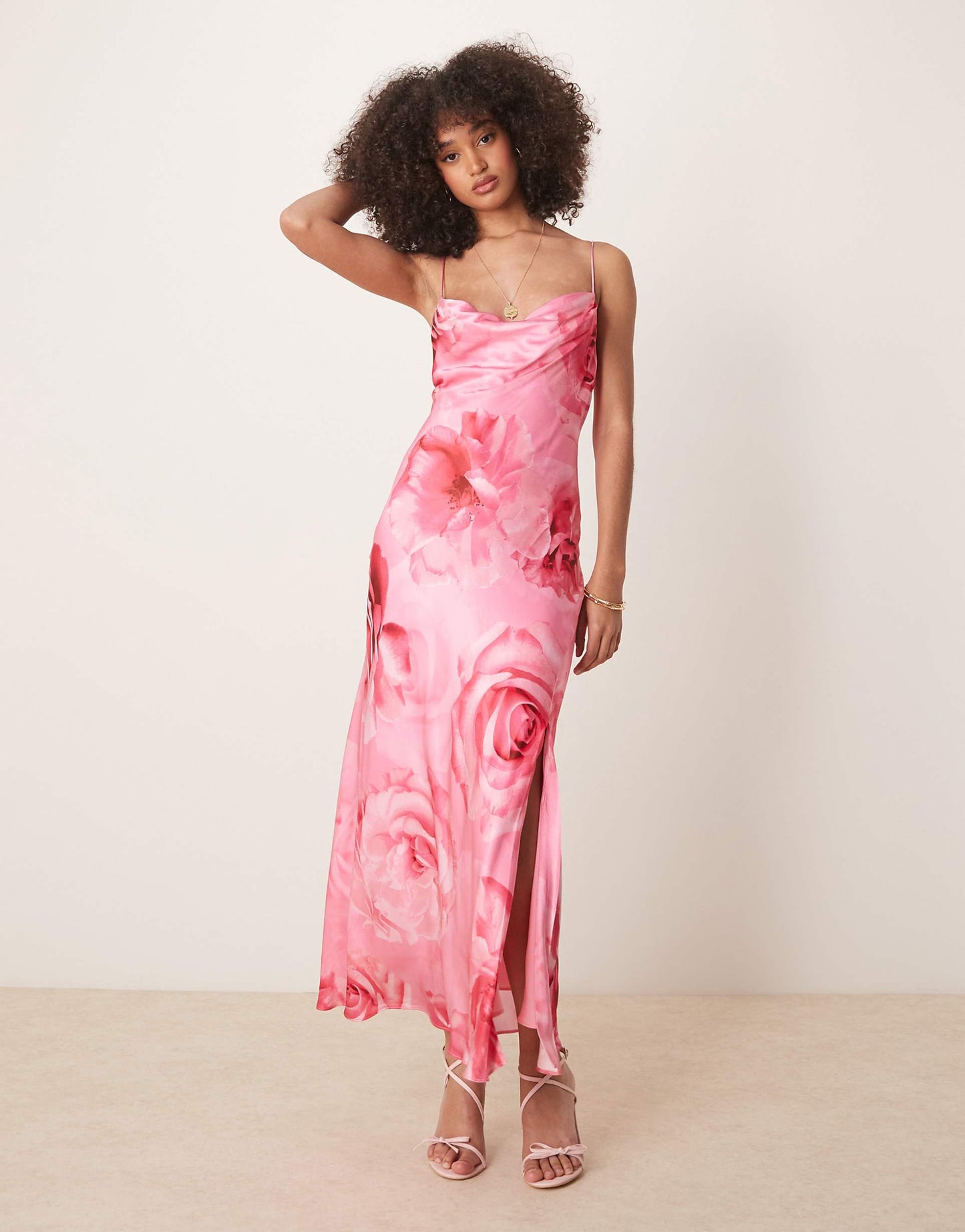 Oversized Rose Print Satin Slip Maxi Dress