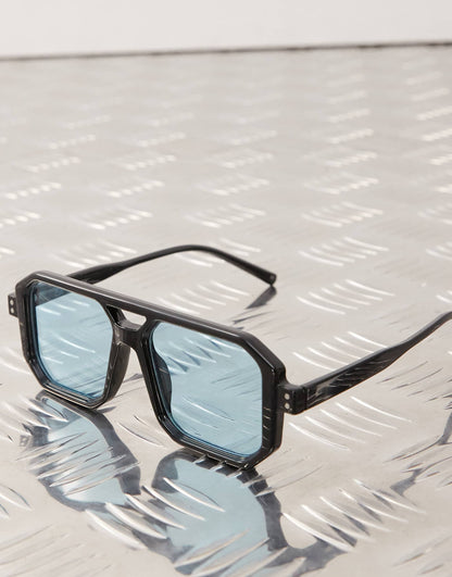 Unisex Square Edge Black Aviator With Blue Lense