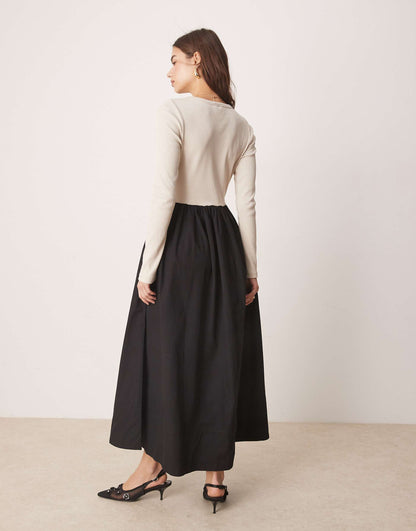 Long Sleeved Jersey And Poplin Hybrid Maxi Dress