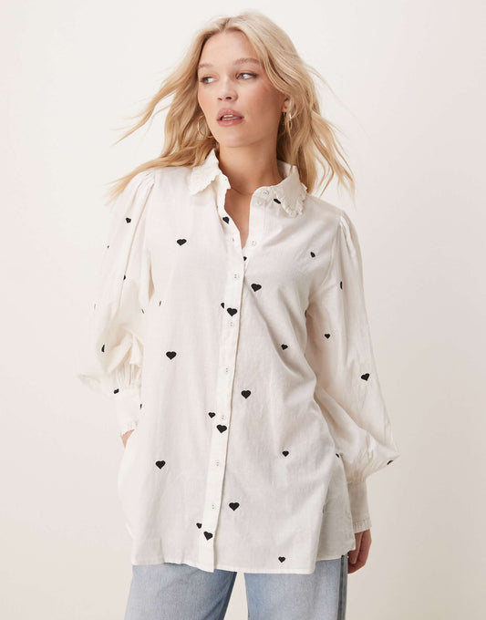 Oversized Shirt With Heart Embroidery And Ruffle Trim Detail