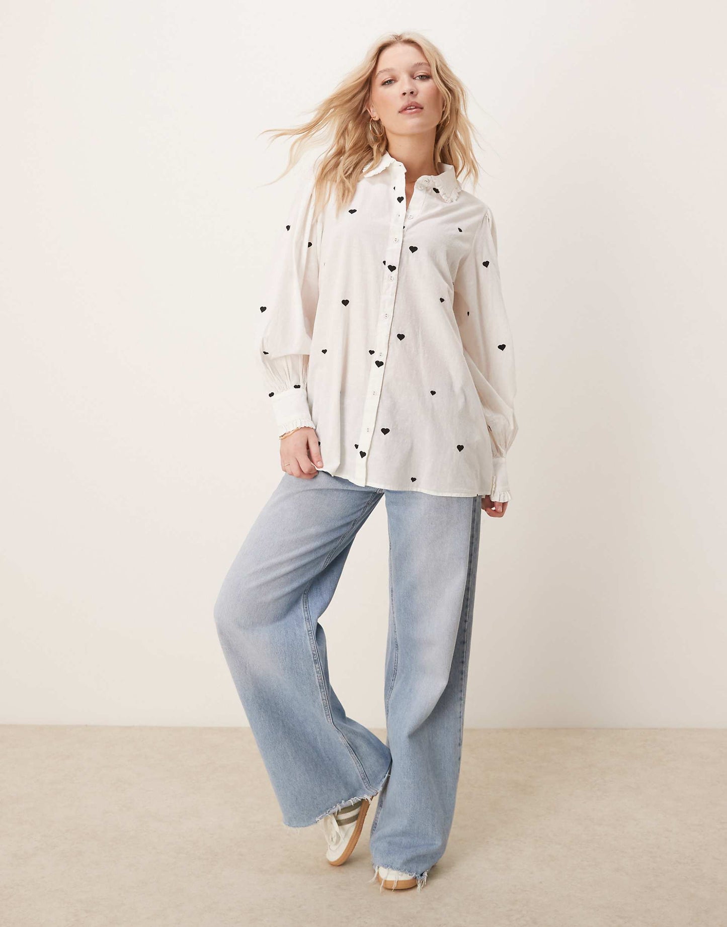 Oversized Shirt With Heart Embroidery And Ruffle Trim Detail