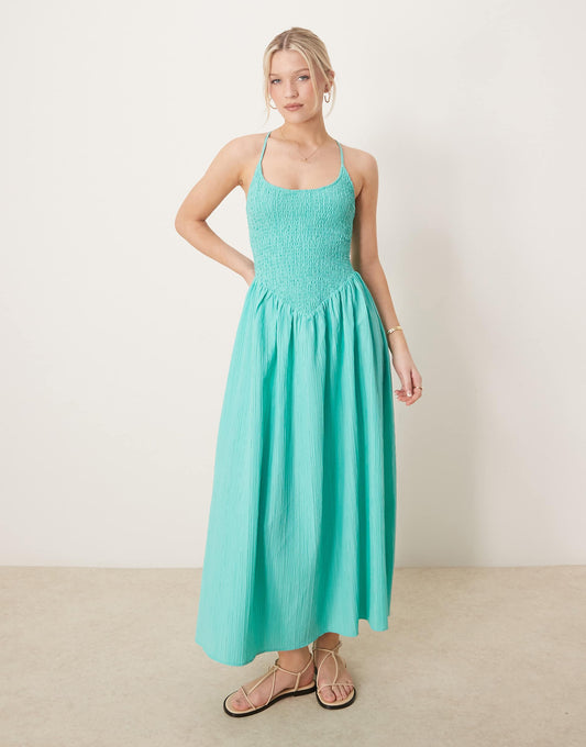 Scoop Neck Crinkle Maxi Dress With Cross Back