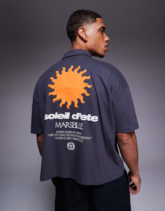 Cropped Oversized Dropped Shoulder Polo With Puff Print Graphic