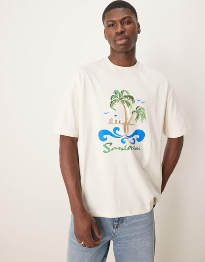 Oversized T-Shirt With Palm Tree Chest Print