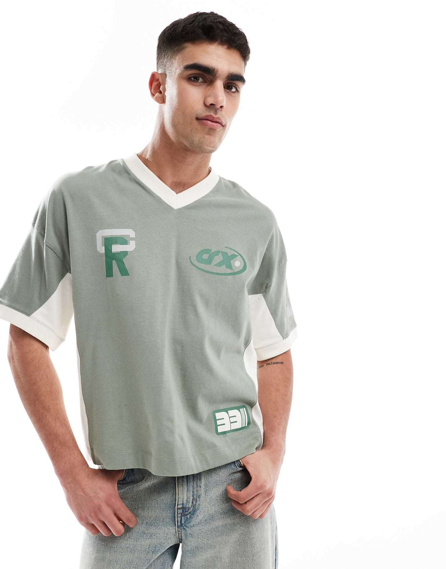 Boxy Oversized Dropped Shoulder T-Shirt With Cut And Sew Panelling And Sports Graphics