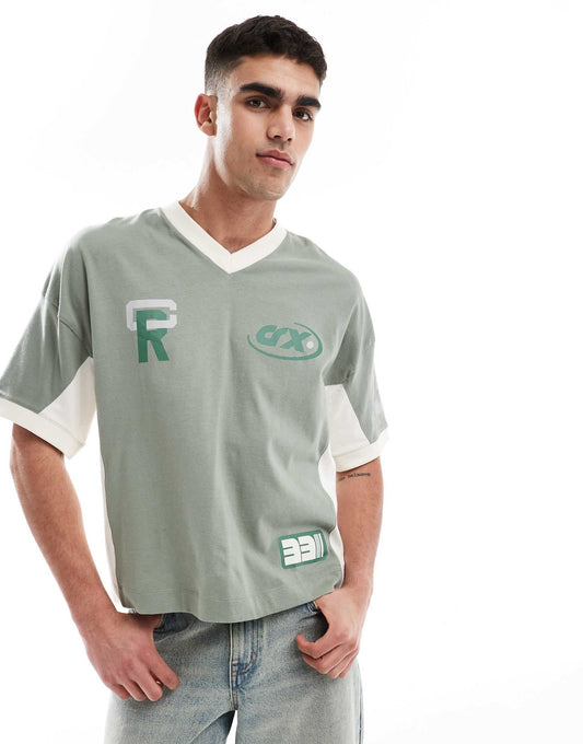 Boxy Oversized Dropped Shoulder T-Shirt With Cut And Sew Panelling And Sports Graphics