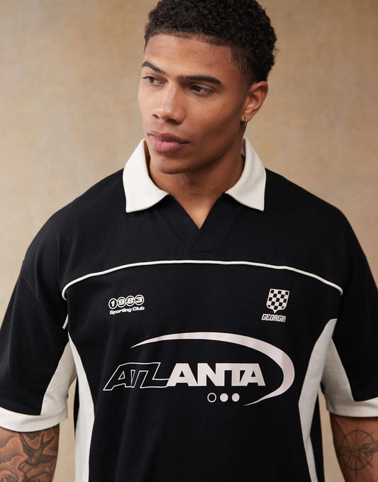 Oversized Polo With Cut And Sew Panelling And Sports Graphics