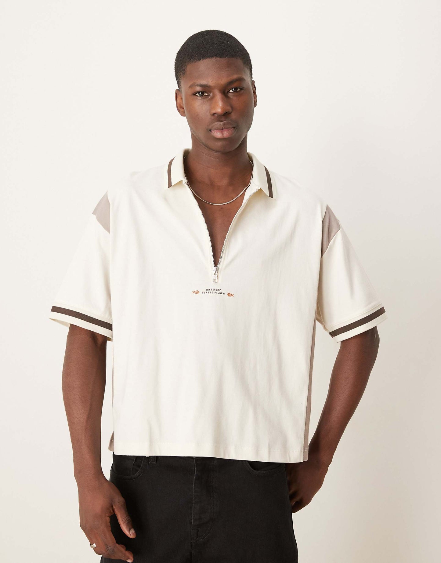Boxy Oversized Zipped Polo With Cut And Sew Panelling And Text Graphic