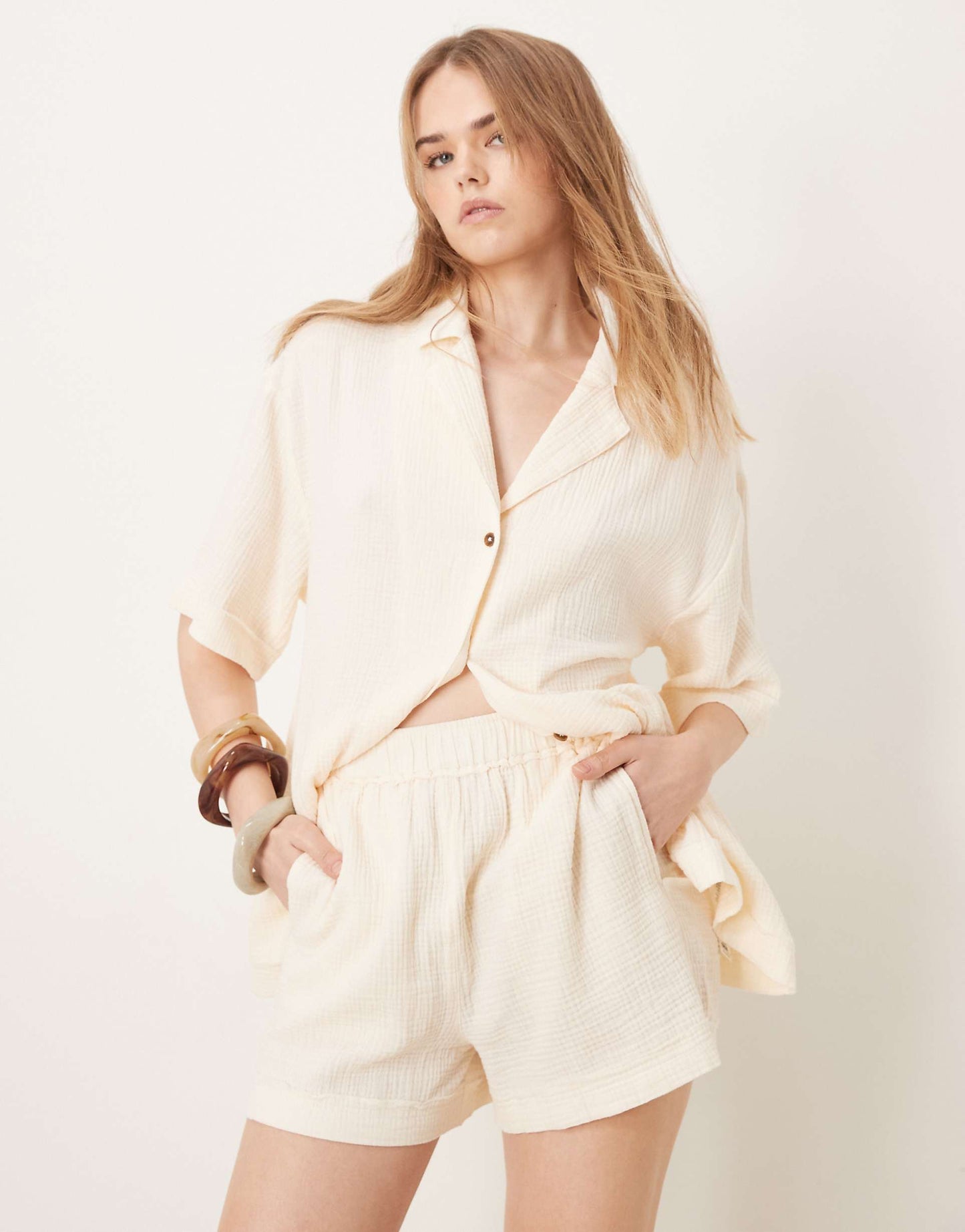 Cheesecloth Pull On Shorts With Raw Edge Detail Co-Ord