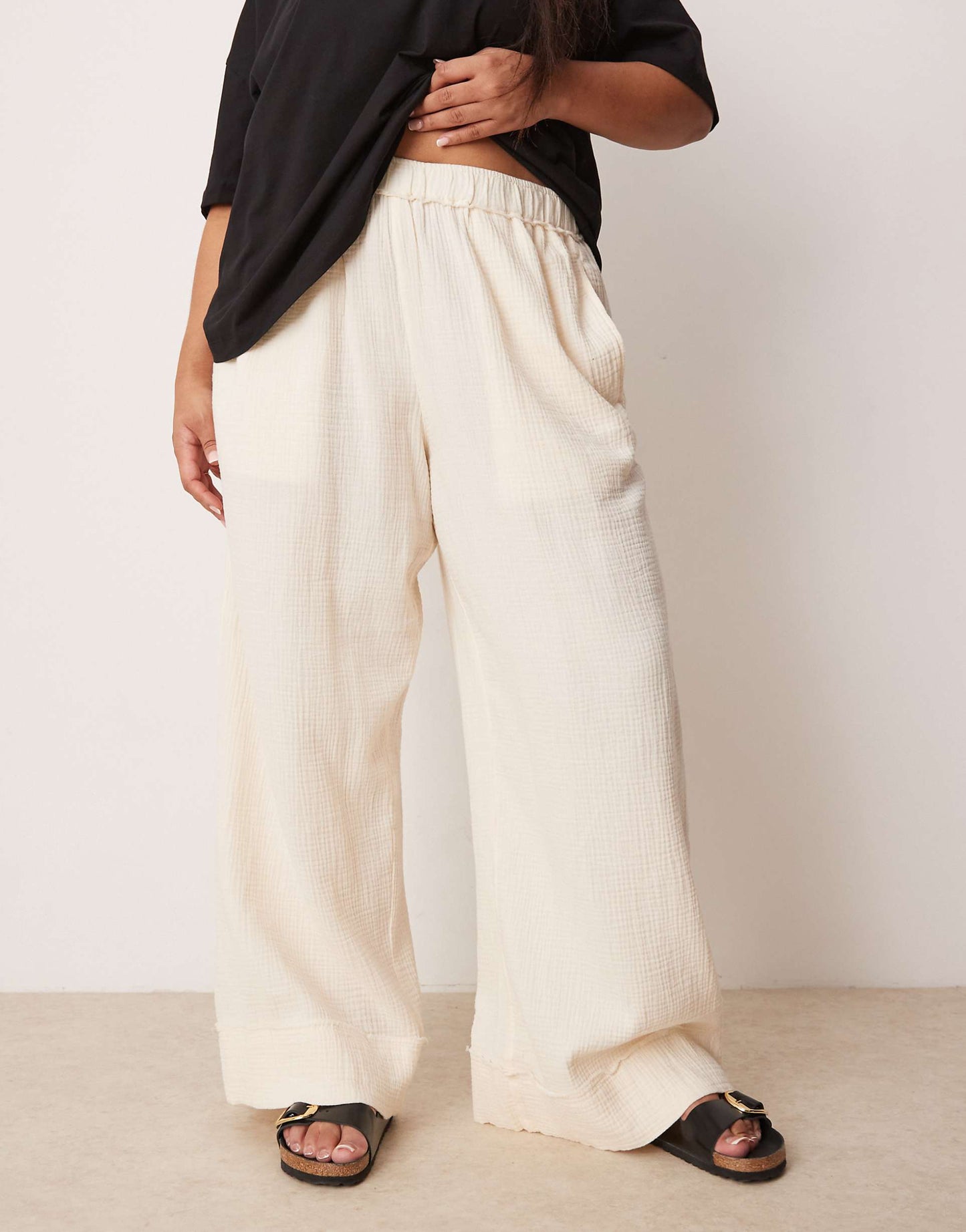 Curve Cheesecloth Pull On Trousers With Raw Edge