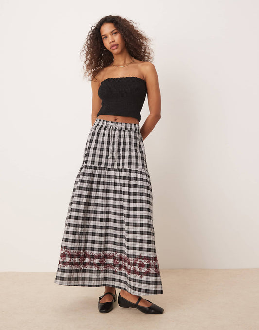 Gingham Embroidered Detail Midaxi Skirt