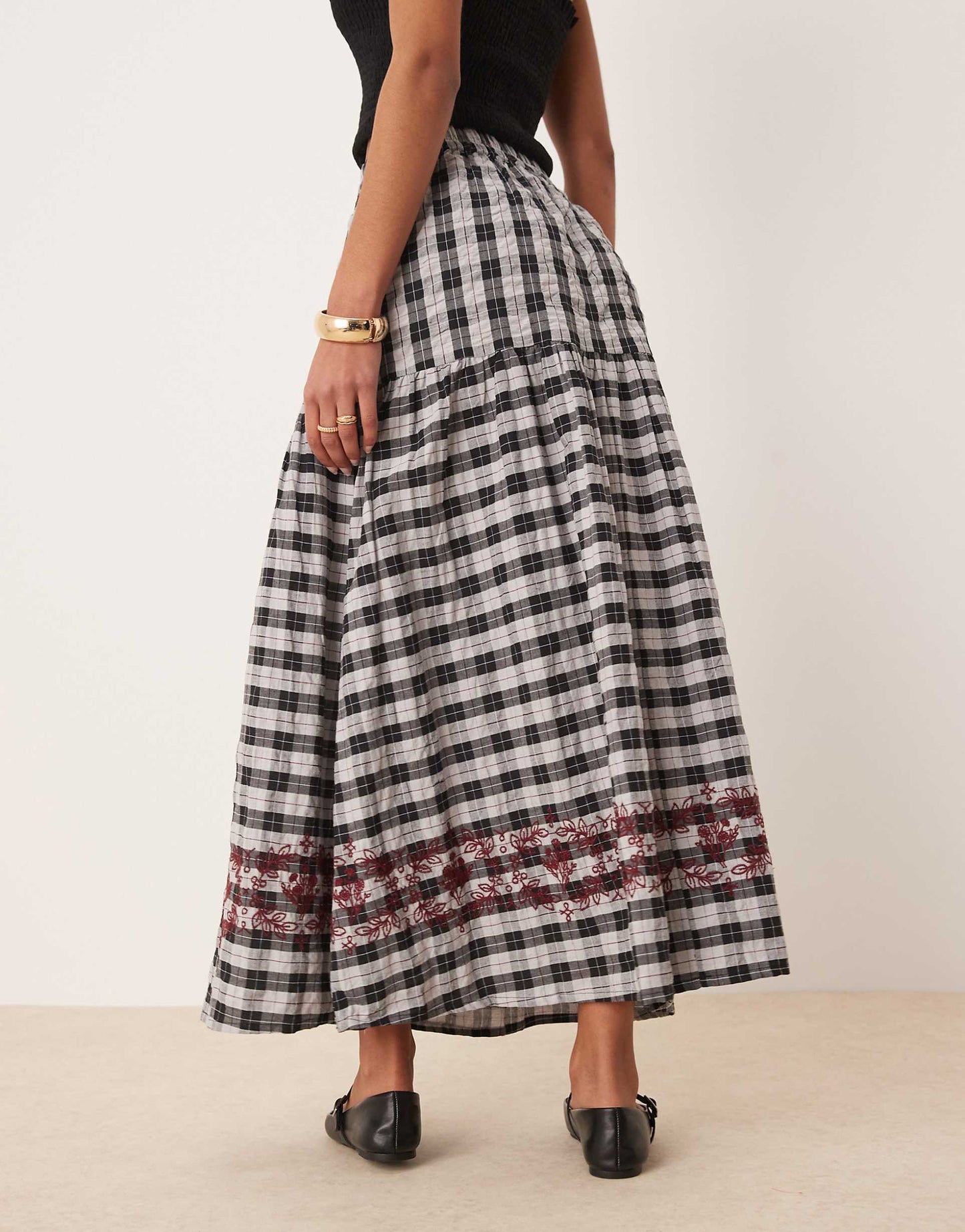 Gingham Embroidered Detail Midaxi Skirt