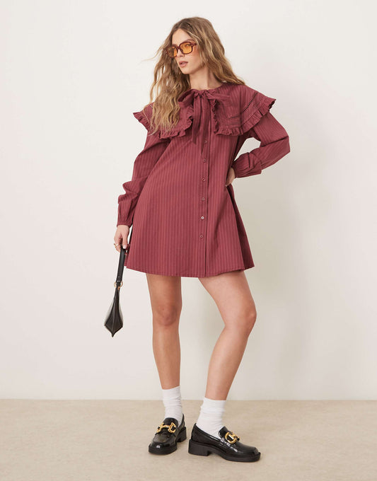 Pinstripe Smock Dress With Collar Detail