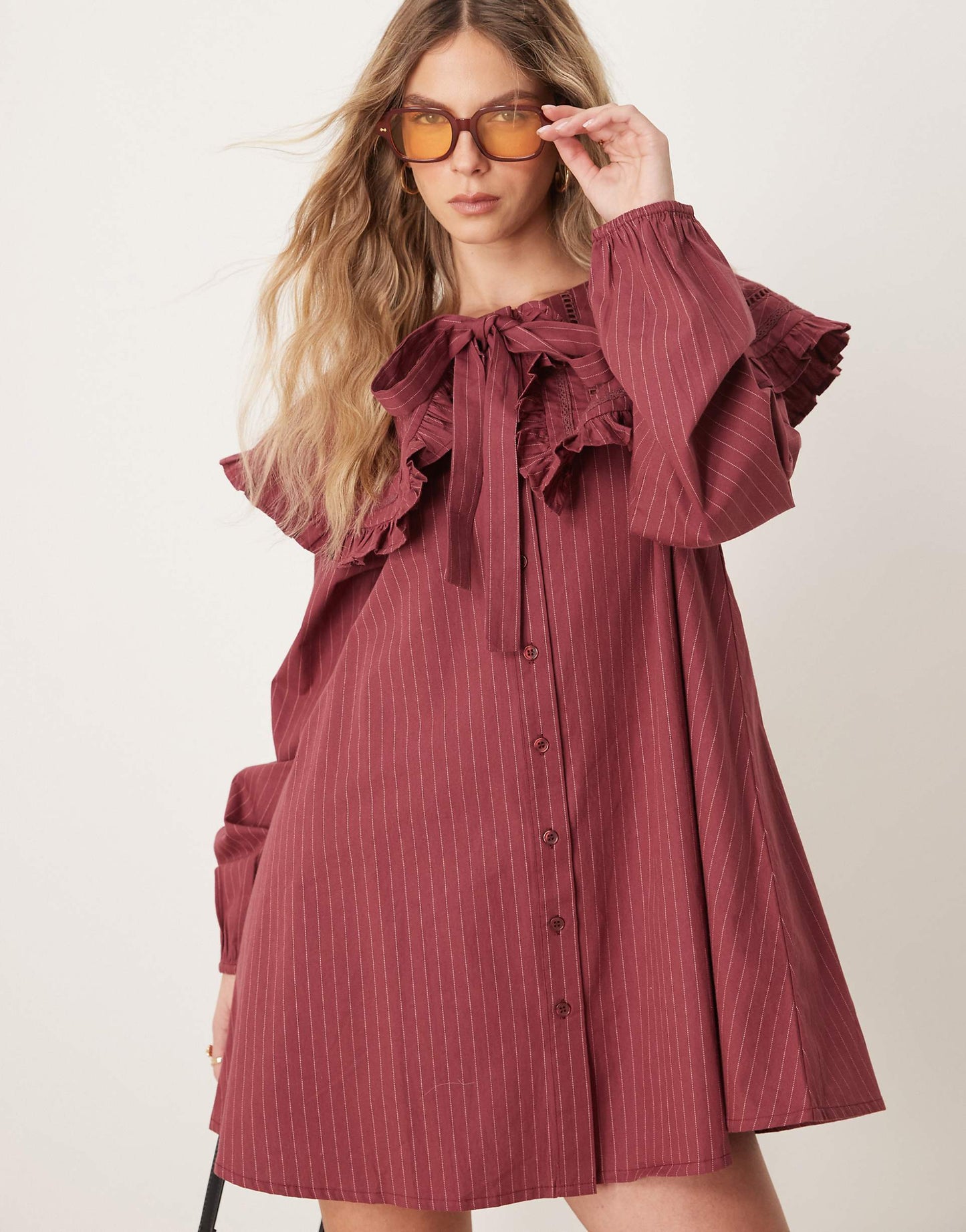 Pinstripe Smock Dress With Collar Detail