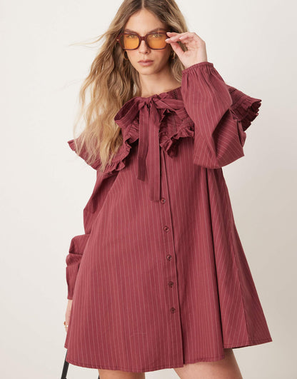 Pinstripe Smock Dress With Collar Detail