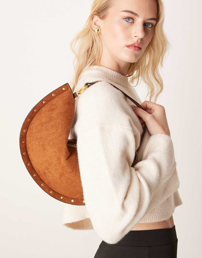 Suedette Scoop Studded Shoulder Bag