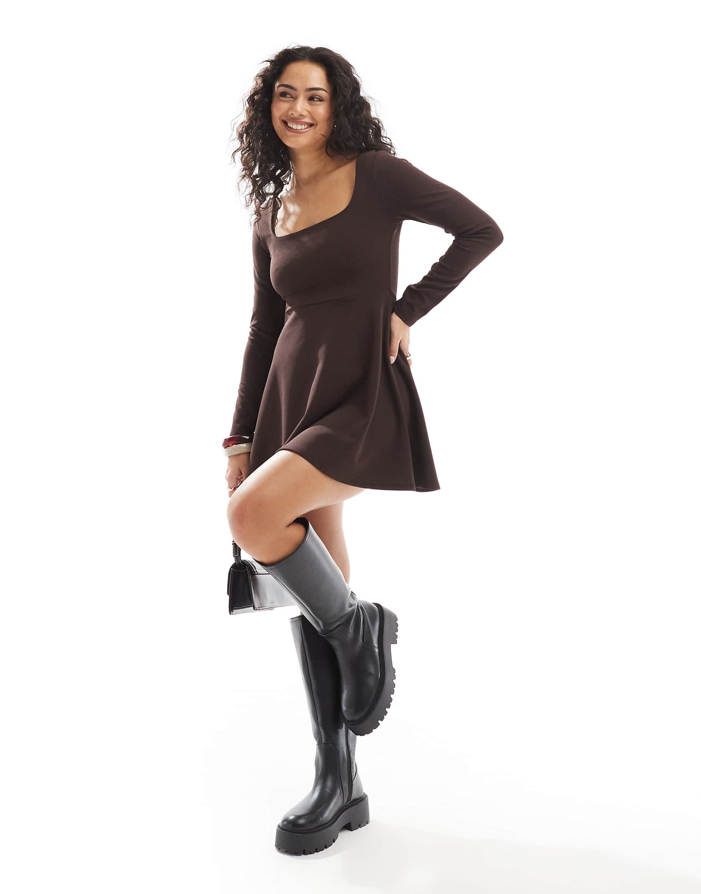 Long Sleeve Square Neck Scuba Crepe Mini Dress