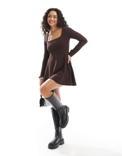 Long Sleeve Square Neck Scuba Crepe Mini Dress