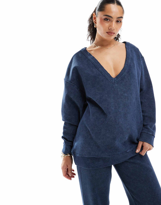 Co-Ord Waffle Oversized Off Shoulder V Neck Sweatshirt