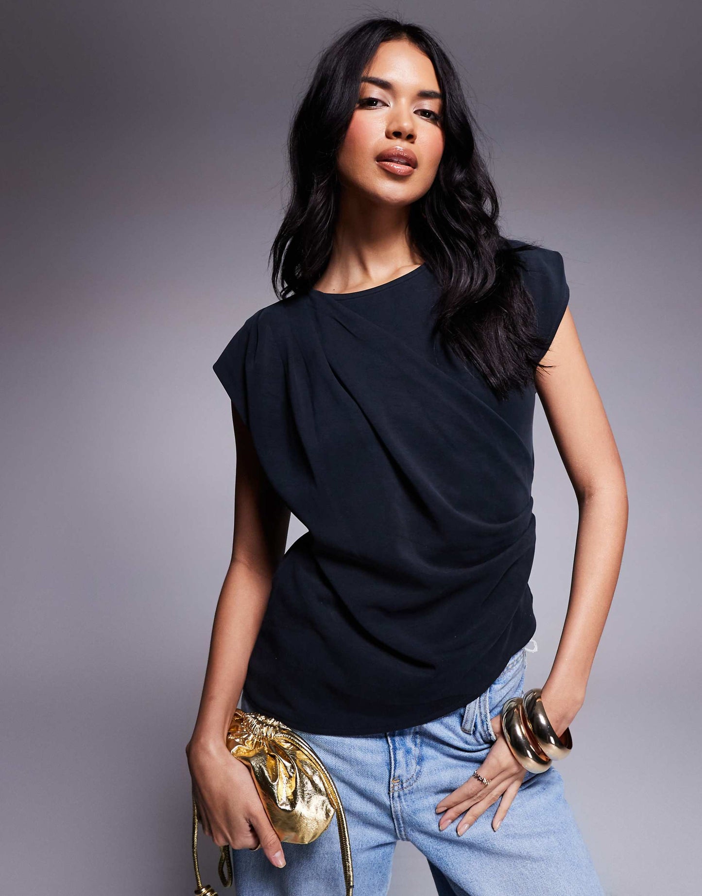 Cupro Drape Detail Short Sleeve T-Shirt