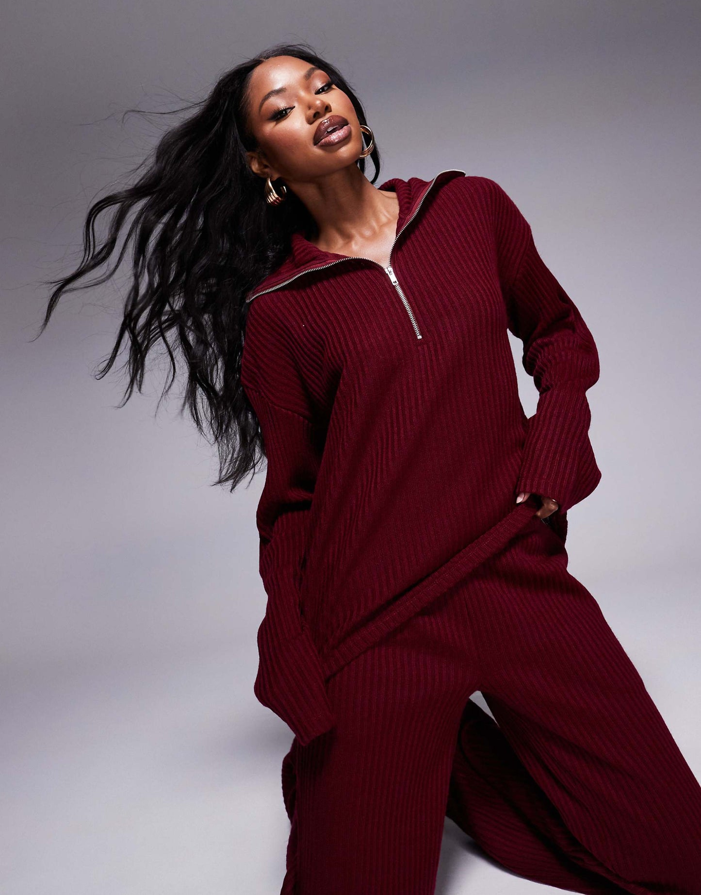 Co-Ord Ribbed Half Zip Long Sleeve Top