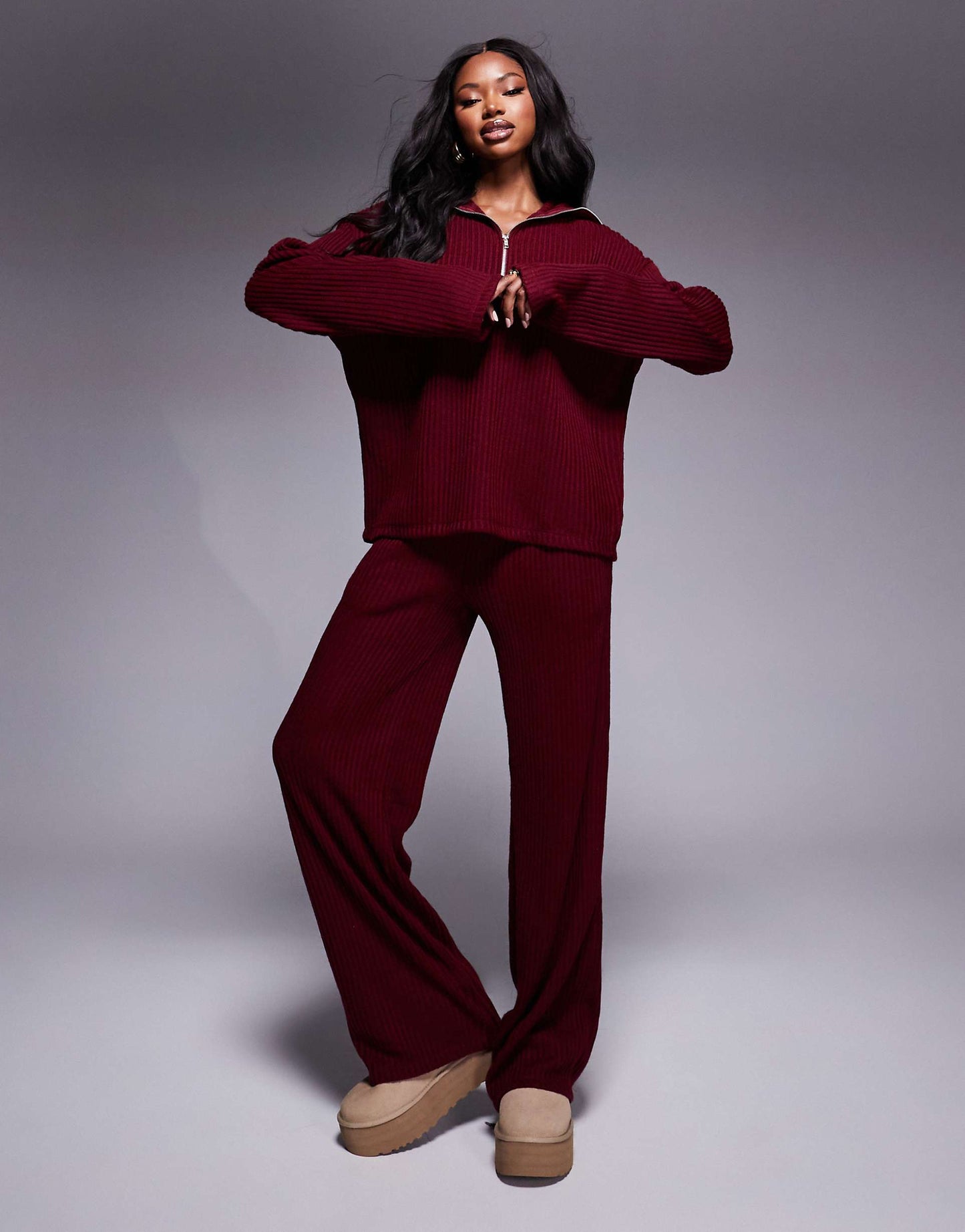 Co-Ord Ribbed Half Zip Long Sleeve Top