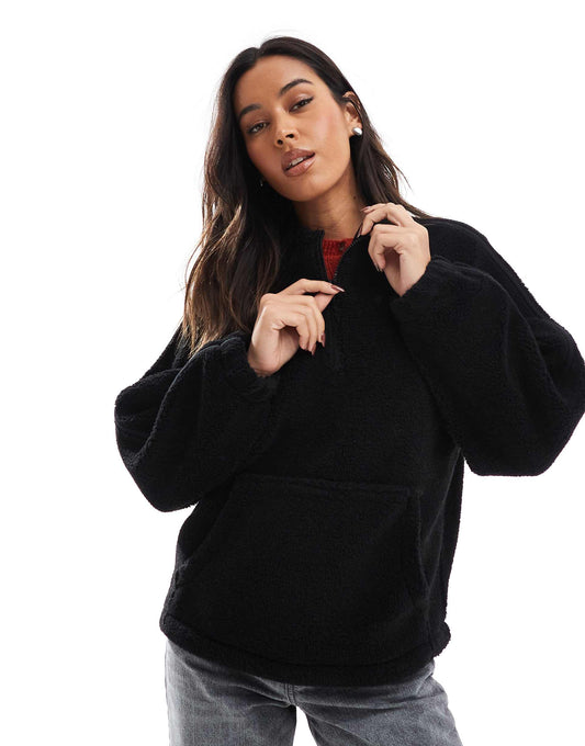 Funnel Neck Borg Sweatshirt With Seam Details