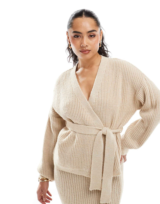 Wrap Over Longline Belted Knit Cardigan