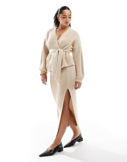 Wrap Over Longline Belted Knit Cardigan