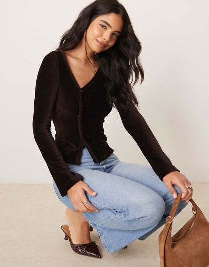 Velvet Cord Asymmetric Button Through Top