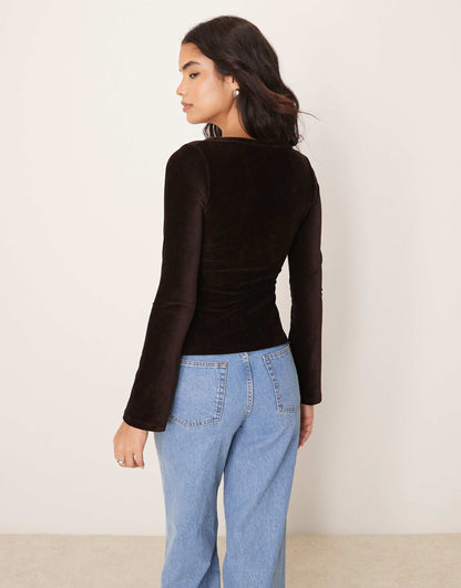 Velvet Cord Asymmetric Button Through Top