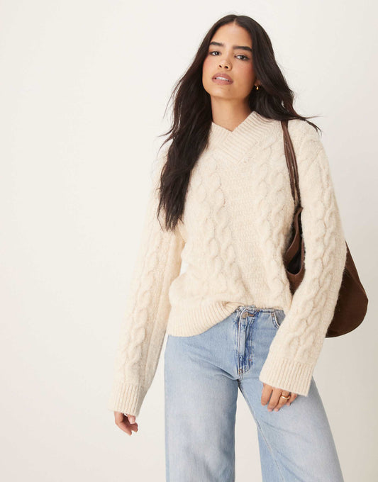 Wool Blend Cable Knit Jumper With High V